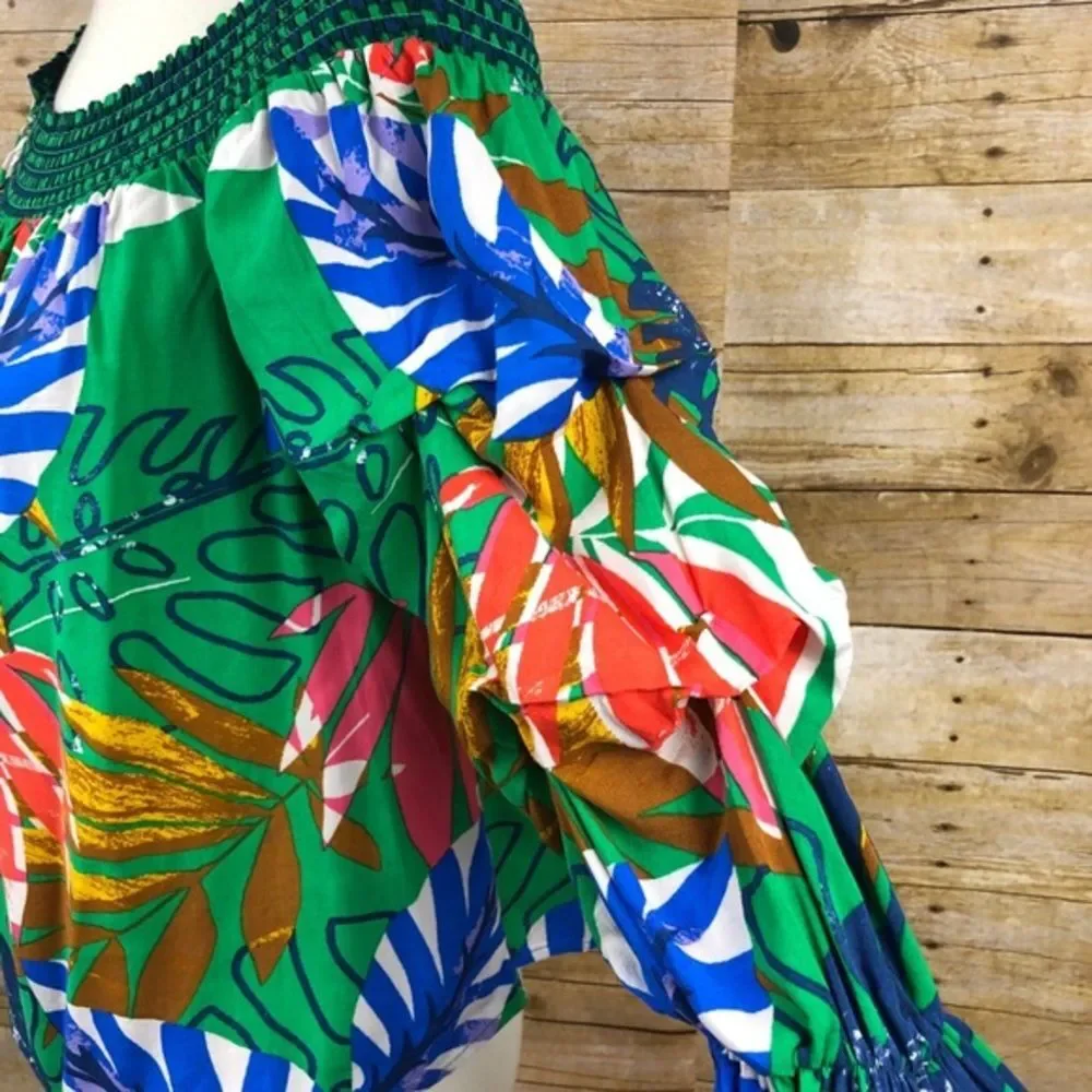 Jealous Tomato Green‎ Tropical Leaf Print Blouse M
